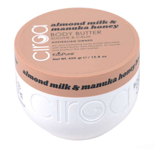 Ciroa Almond Milk & Manuka Honey Body Butter jar shows rich hydration