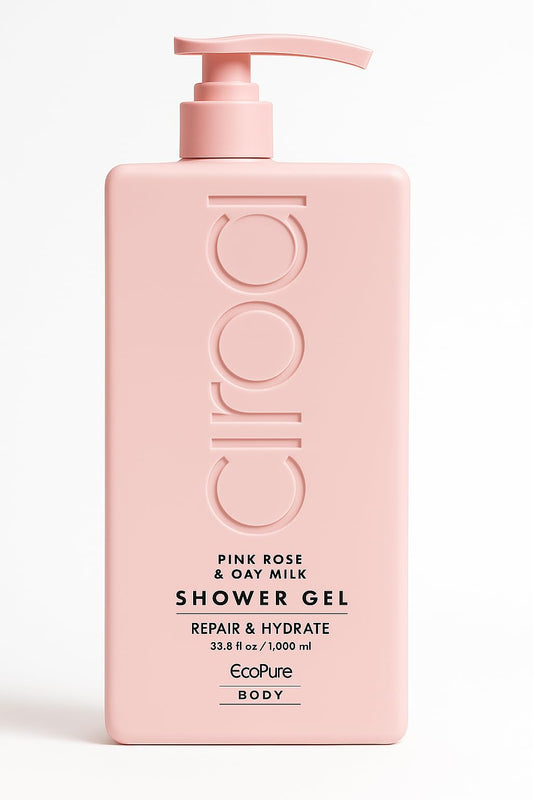 Ciroa Pink Rose & Oat Milk Shower Gel bottle highlighting hydrating cleanse