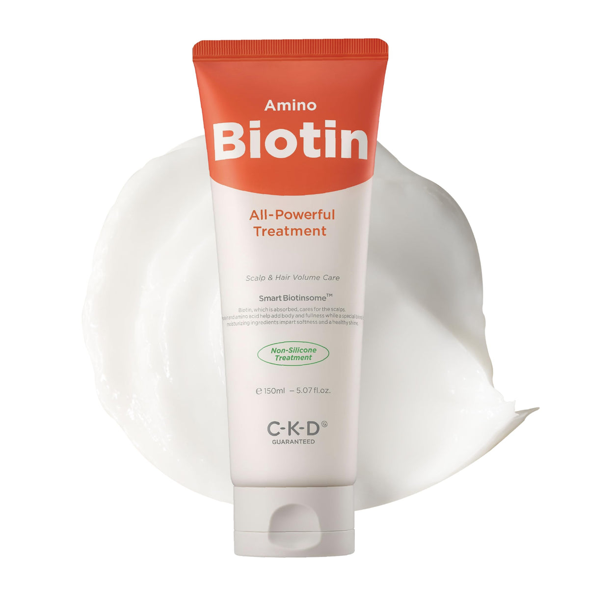 CKD Guaranteed Amino Biotin All-Powerful Treatment bottle promotes silicone-free nourishment for damaged hair.