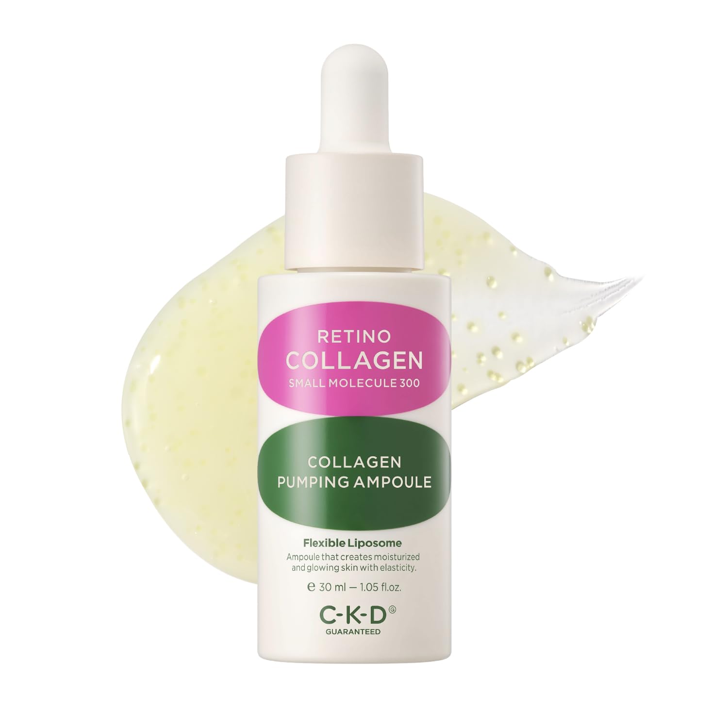 CKD Guaranteed Retino Collagen Pumping Ampoule bottle close-up, premium packaging for daily firming support.