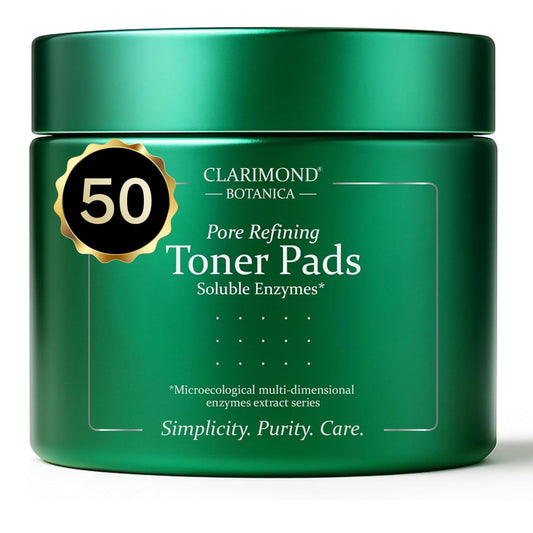 Clarimond Oralcare pore refining toner pads bottle showcasing hydrating formula.