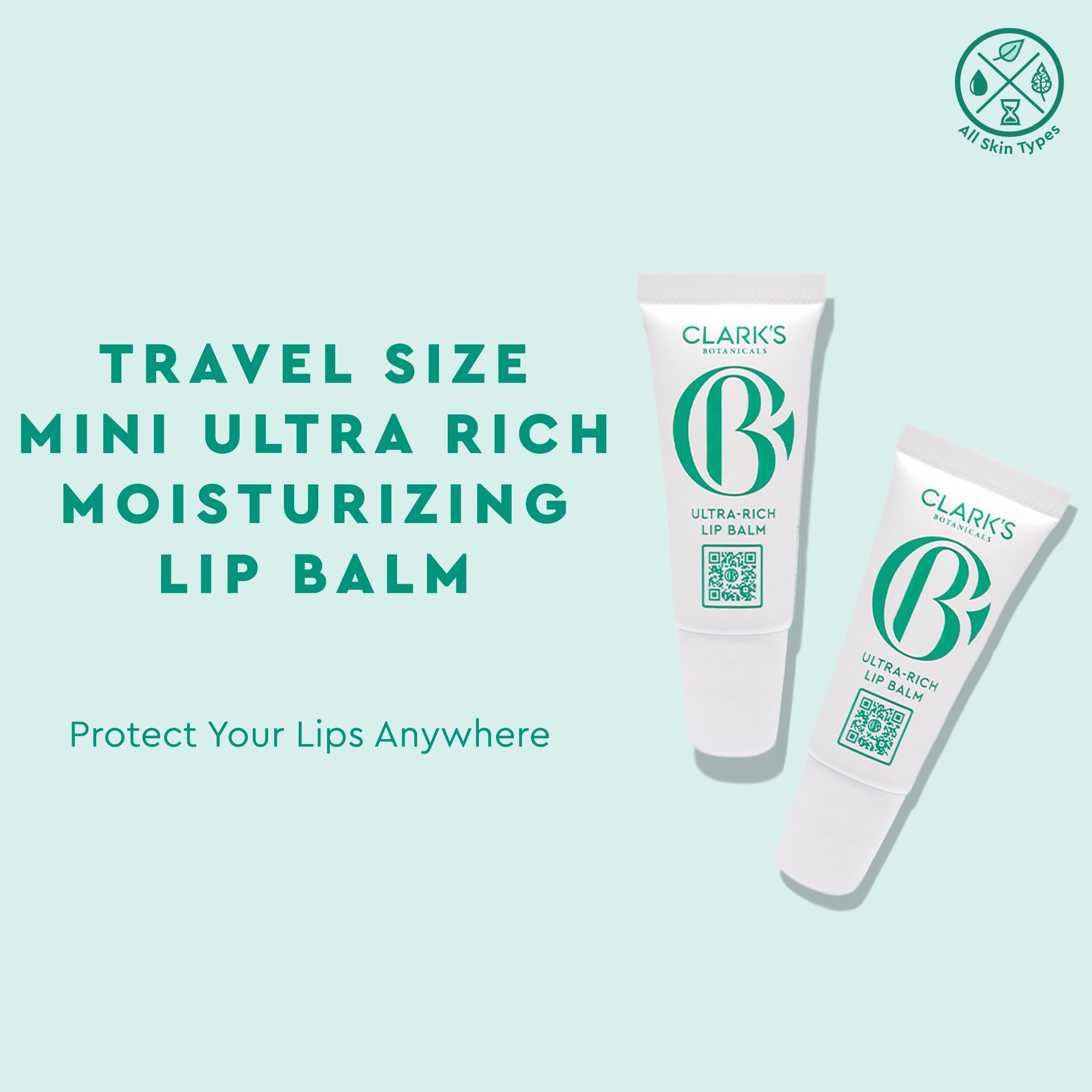 Clark's Botanicals Mini Ultra Rich Lip Balm close-up shows shea, mango, avocado butters.