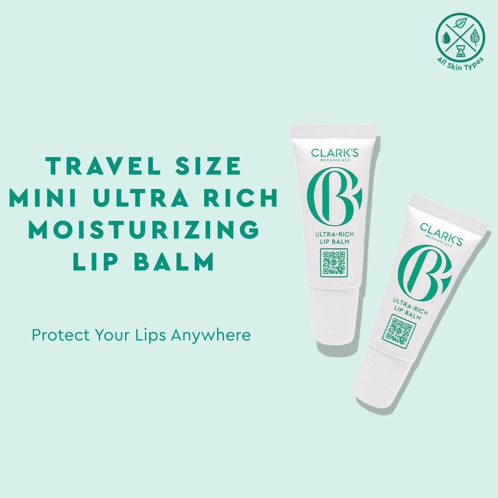 Clark's Botanicals Mini Ultra Rich Lip Balm close-up shows shea, mango, avocado butters.