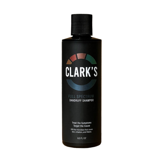 Clark's Full Spectrum Dandruff Shampoo bottle highlighting dandruff control ingredients.