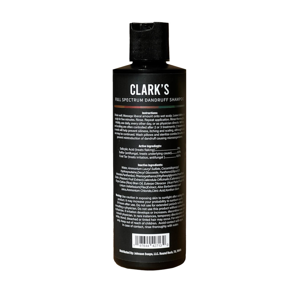 Clark's shampoo label with coal tar, salicylic acid, and sulfur mentioned.