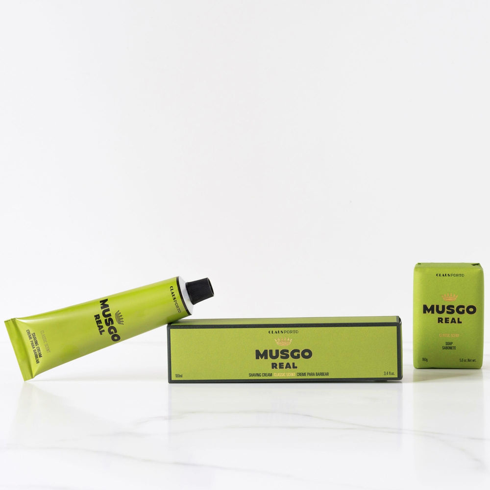 Claus Porto Musgo Real soap lather shows rich creamy foam for skin care.
