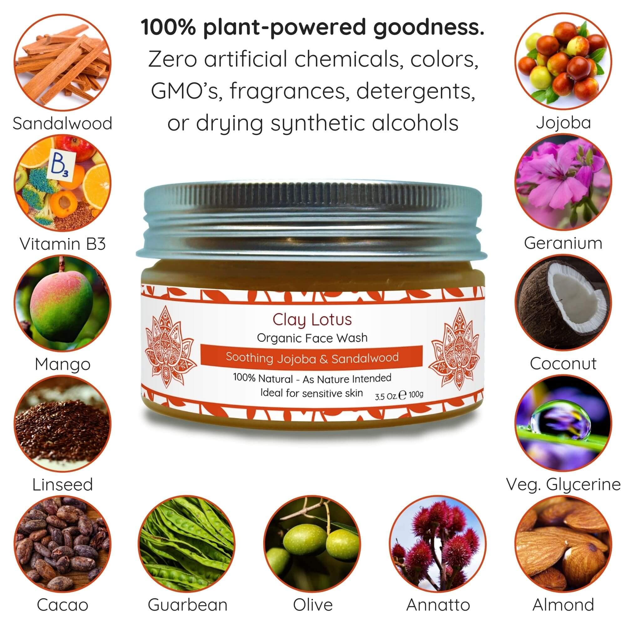 Clay Lotus Face Wash sandalwood essence provides calming cleanse