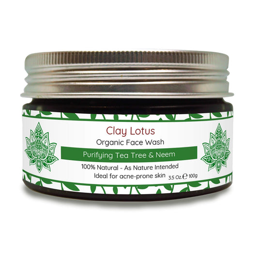 Clay Lotus face wash bottle features tea tree infusion for clearer skin