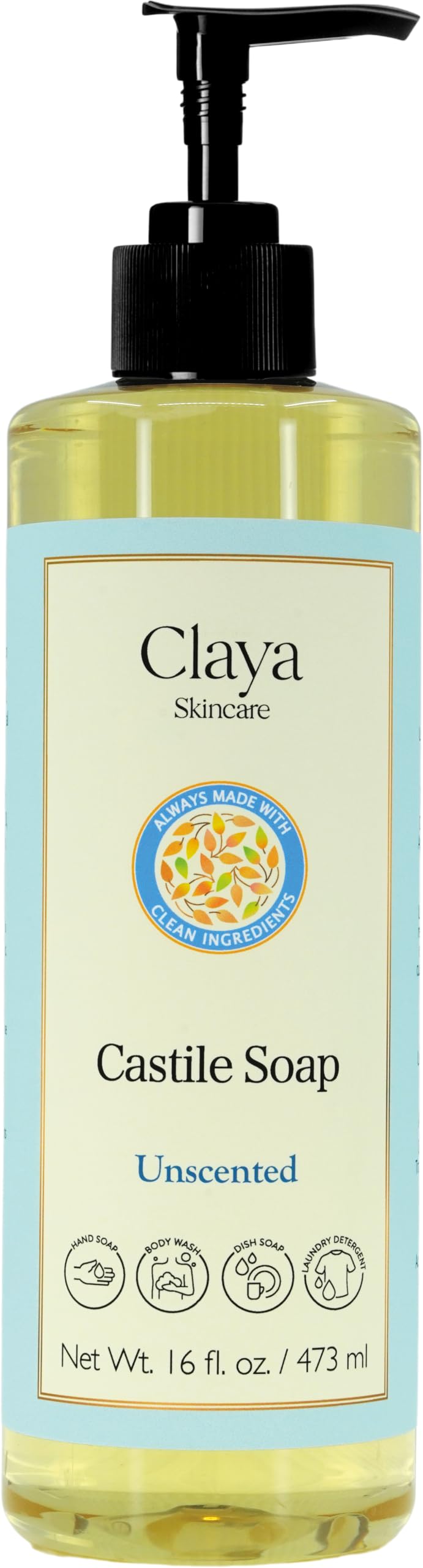 Claya Liquid Castile Soap bottle highlights organic oil blend for gentle cleansing.