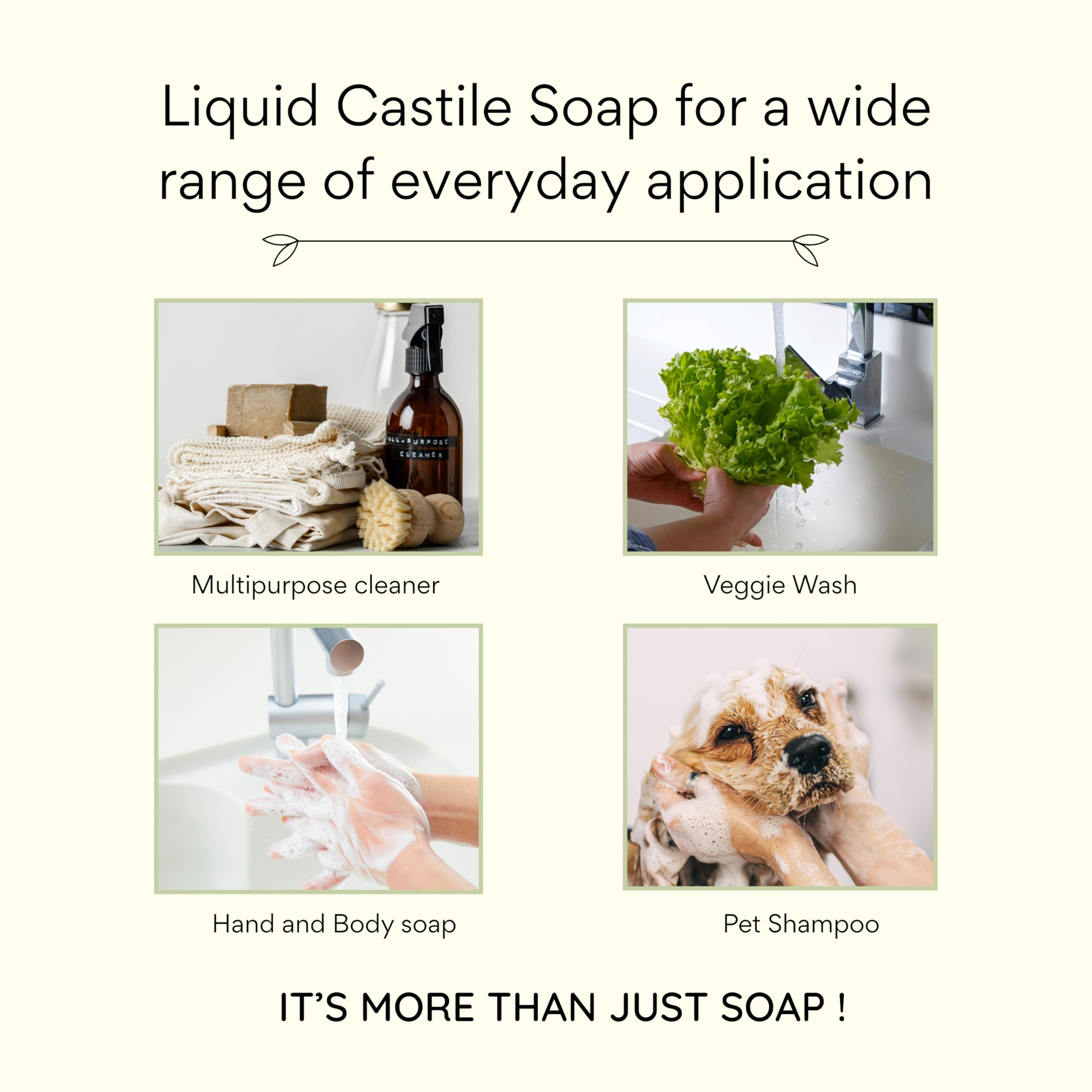 Claya Liquid Castile Soap multi-use diagram shows many room applications.