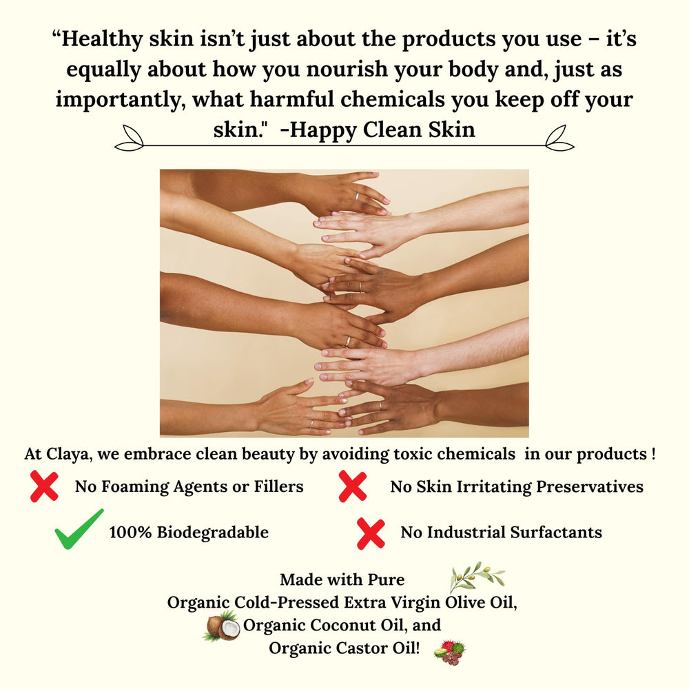 Claya Liquid Castile Soap lather demonstrates rich, gentle cleansing from plant oils.