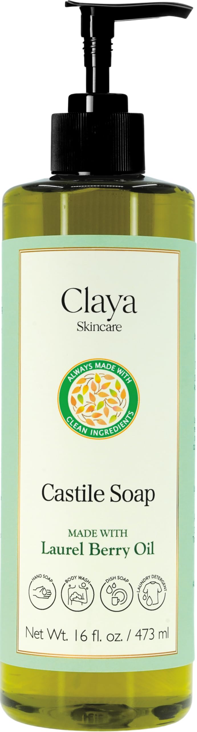Claya Liquid Castile Soap with pump cap for easy, gentle daily cleansing.