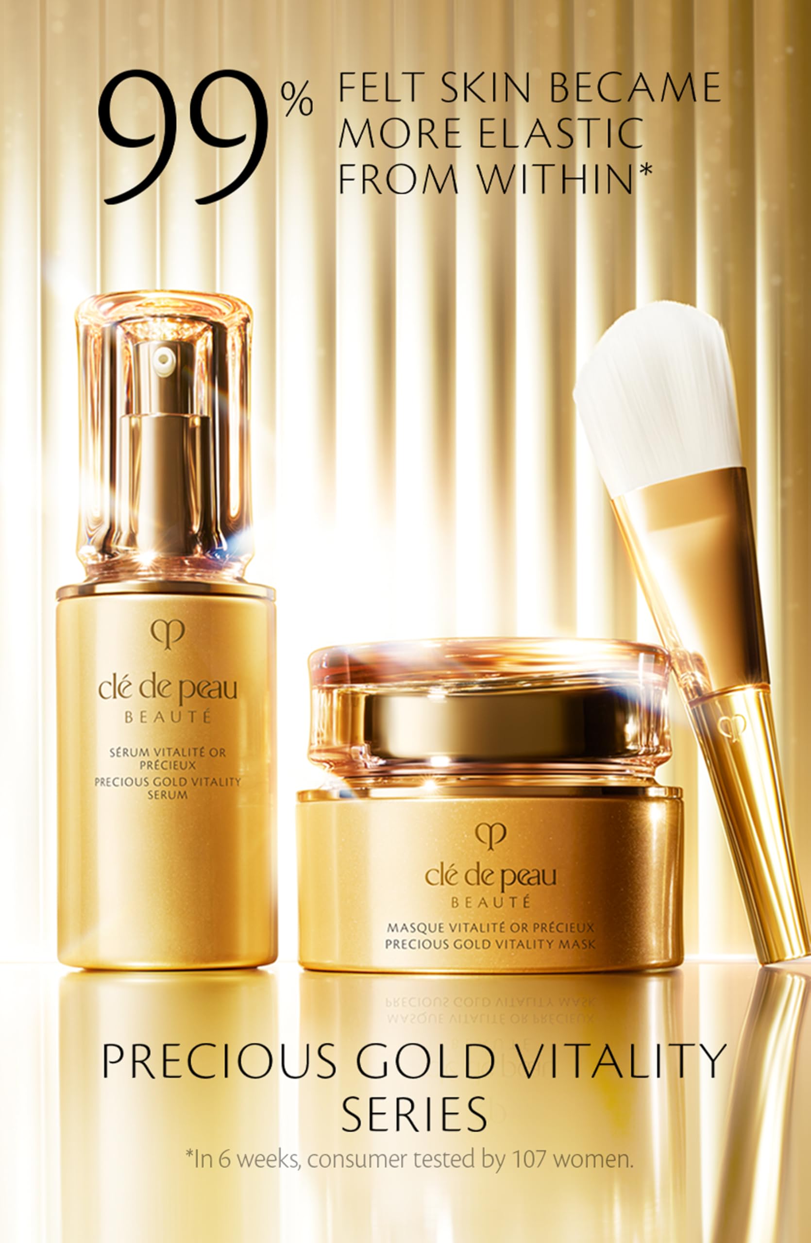 Luxurious vanity scene with Precious Gold Vitality Serum on display.