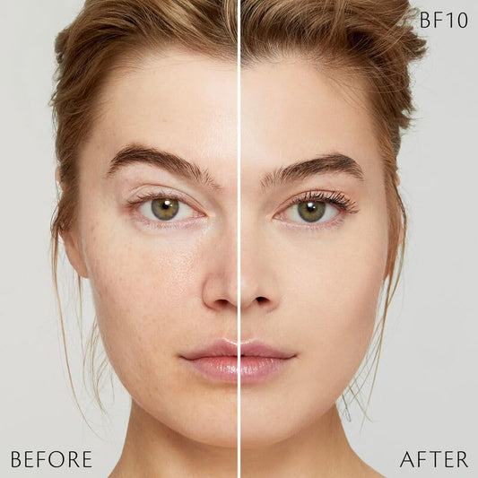 Clé de Peau Radiant Fluid Foundation face glow in soft light.