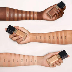 Texture close-up showing lightweight, silky formula on skin.