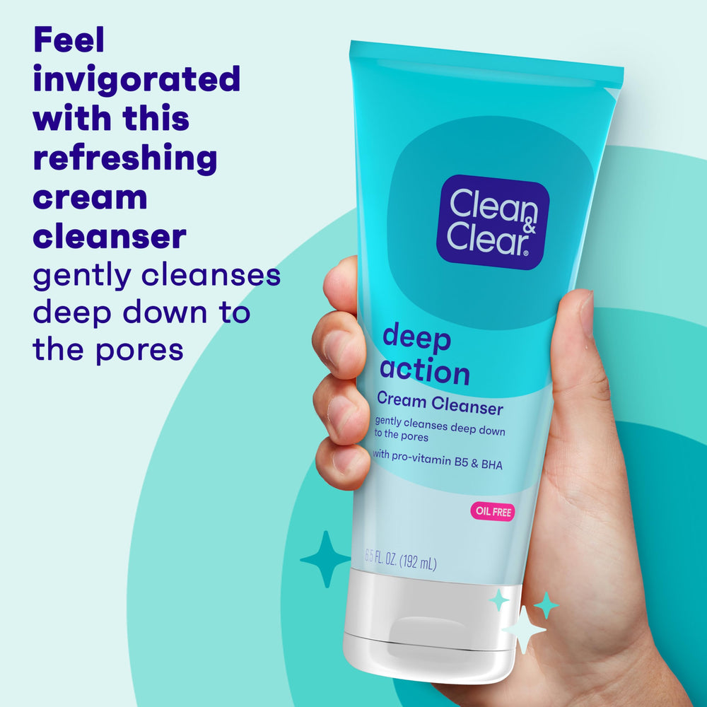 Clean & Clear Deep Action Cream Cleanser bottle close-up highlighting cooling effect.