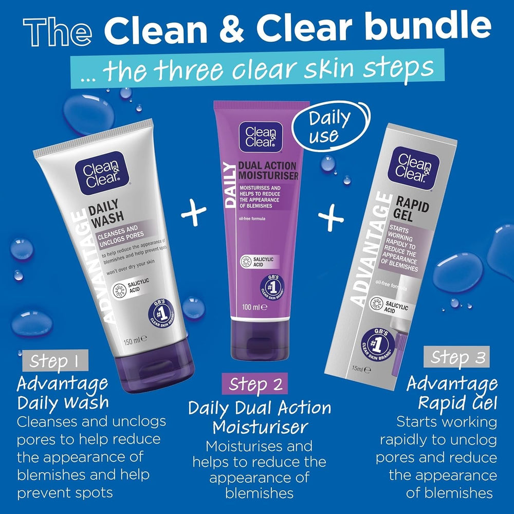 Clean & Clear Advantage on bathroom shelf evokes daily routine.