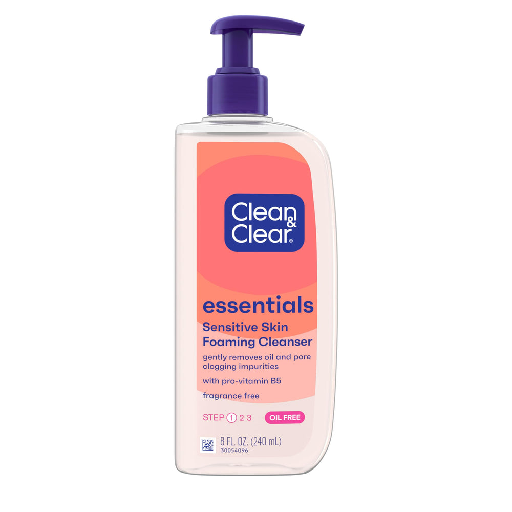 Clean & Clear Essentials bottle front; oil-free cleanser for sensitive skin that helps maintain moisture.