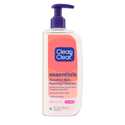 Clean & Clear Essentials bottle front; oil-free cleanser for sensitive skin that helps maintain moisture.