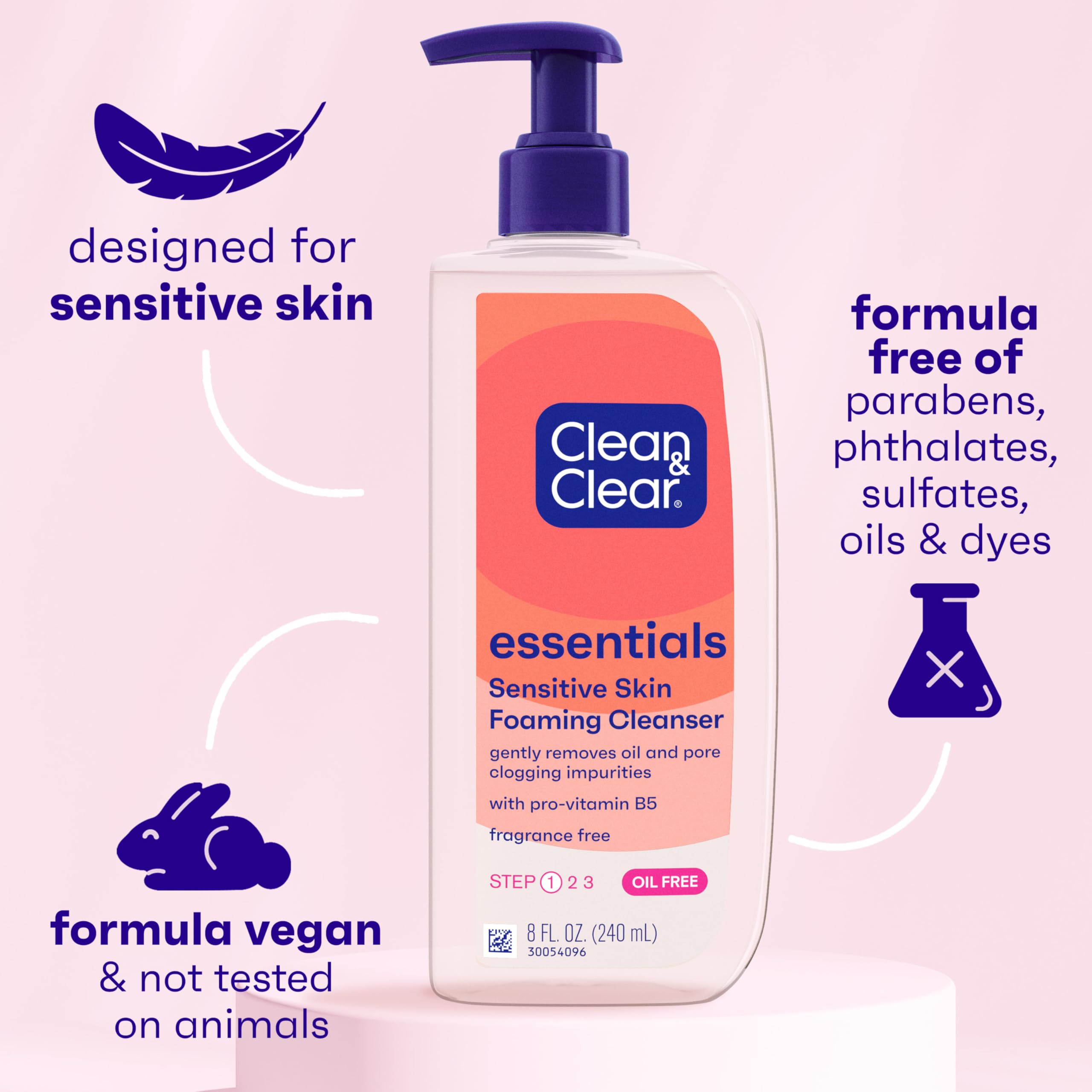 Pump dispenser of Clean & Clear Essentials; fragrance-free oil-free cleanser for sensitive skin.