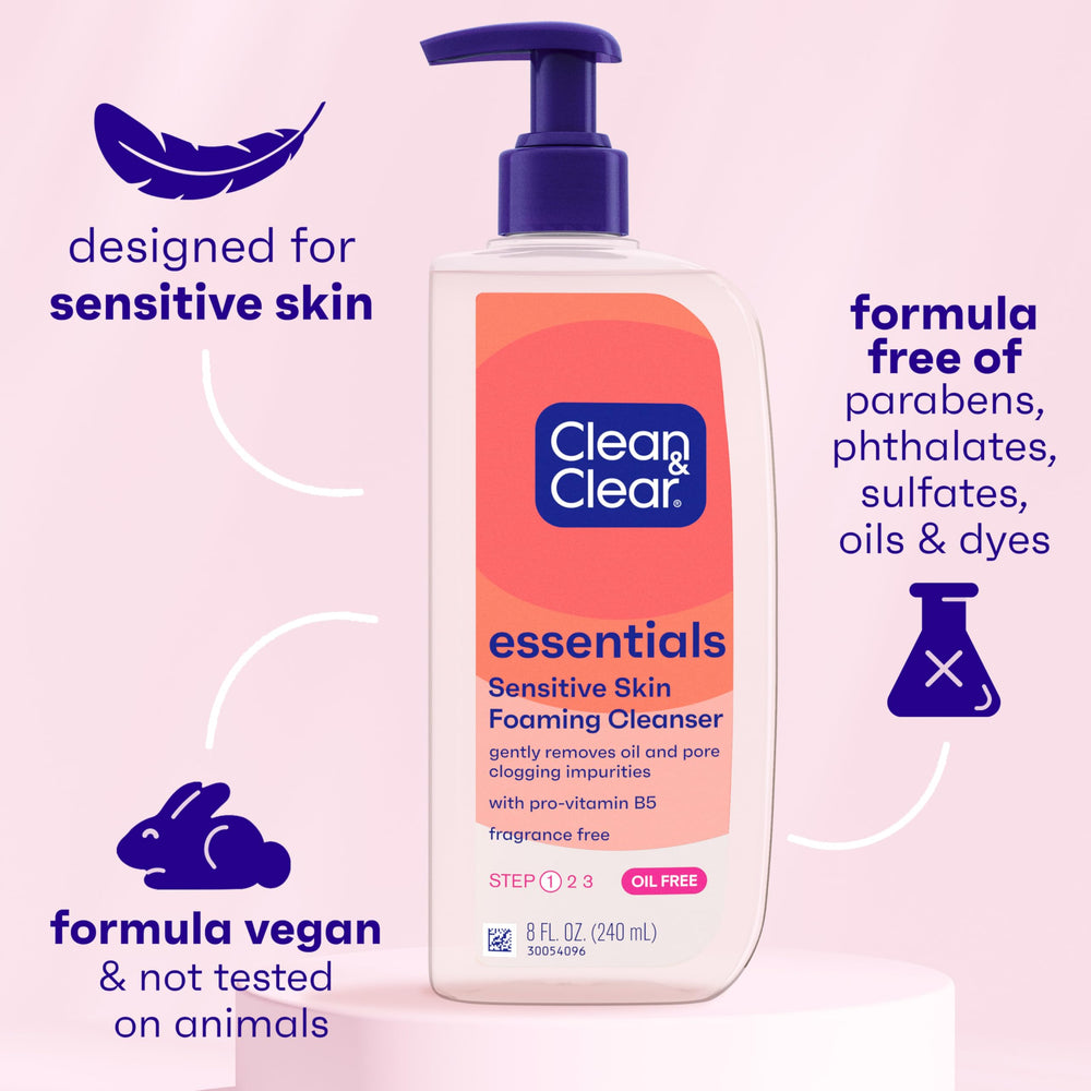 Pump dispenser of Clean & Clear Essentials; fragrance-free oil-free cleanser for sensitive skin.