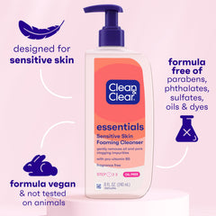 Pump dispenser of Clean & Clear Essentials; fragrance-free oil-free cleanser for sensitive skin.