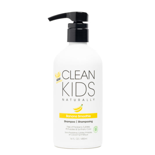 Clean Kids Naturally Tropical Shampoo bottle front with banana-smoothie scent for gentle cleansing.