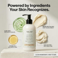 Clean and Kind grass-fed tallow and jojoba oil bottle highlights nourishing blend.
