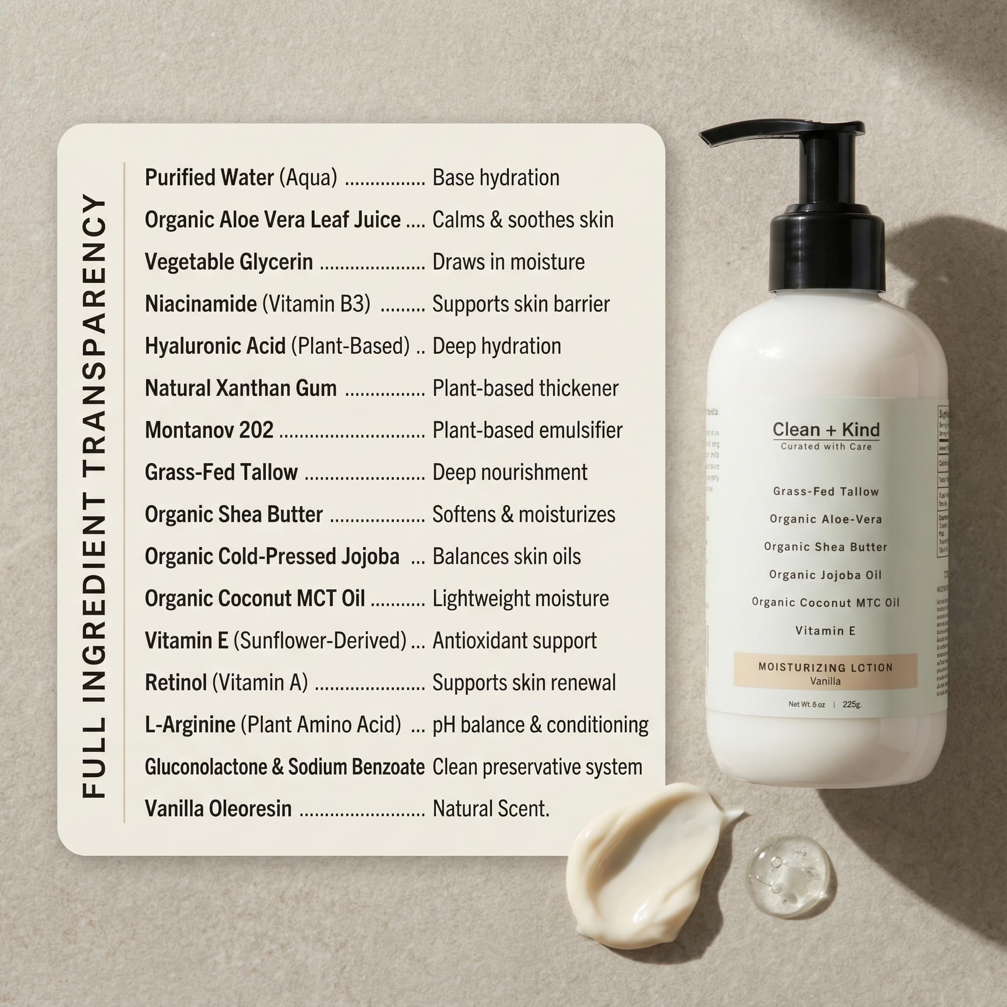 Clean and Kind ingredients label closeup emphasizing natural care.
