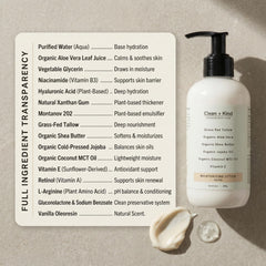 Clean and Kind ingredients label closeup emphasizing natural care.