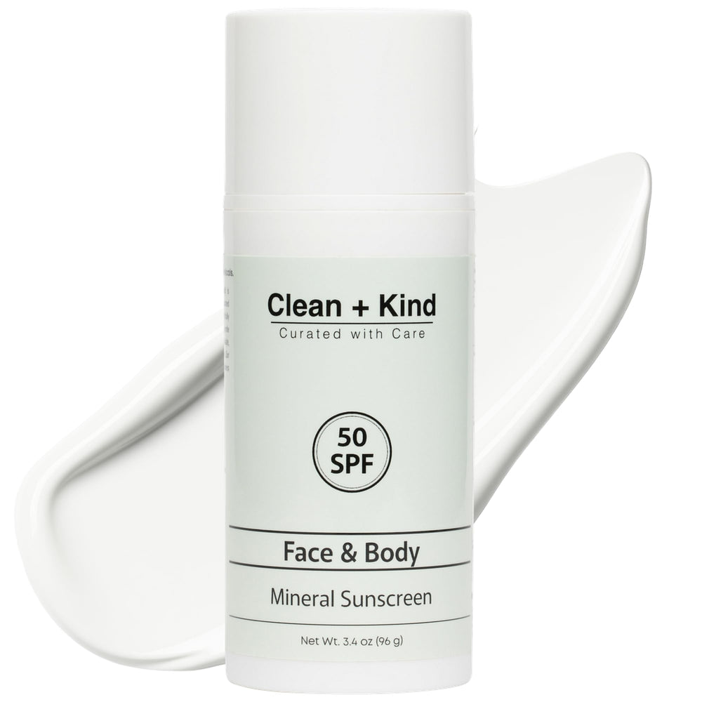 Clean + Kind Tallow Sunscreen jar close-up showing mineral SPF protection for all skin types.