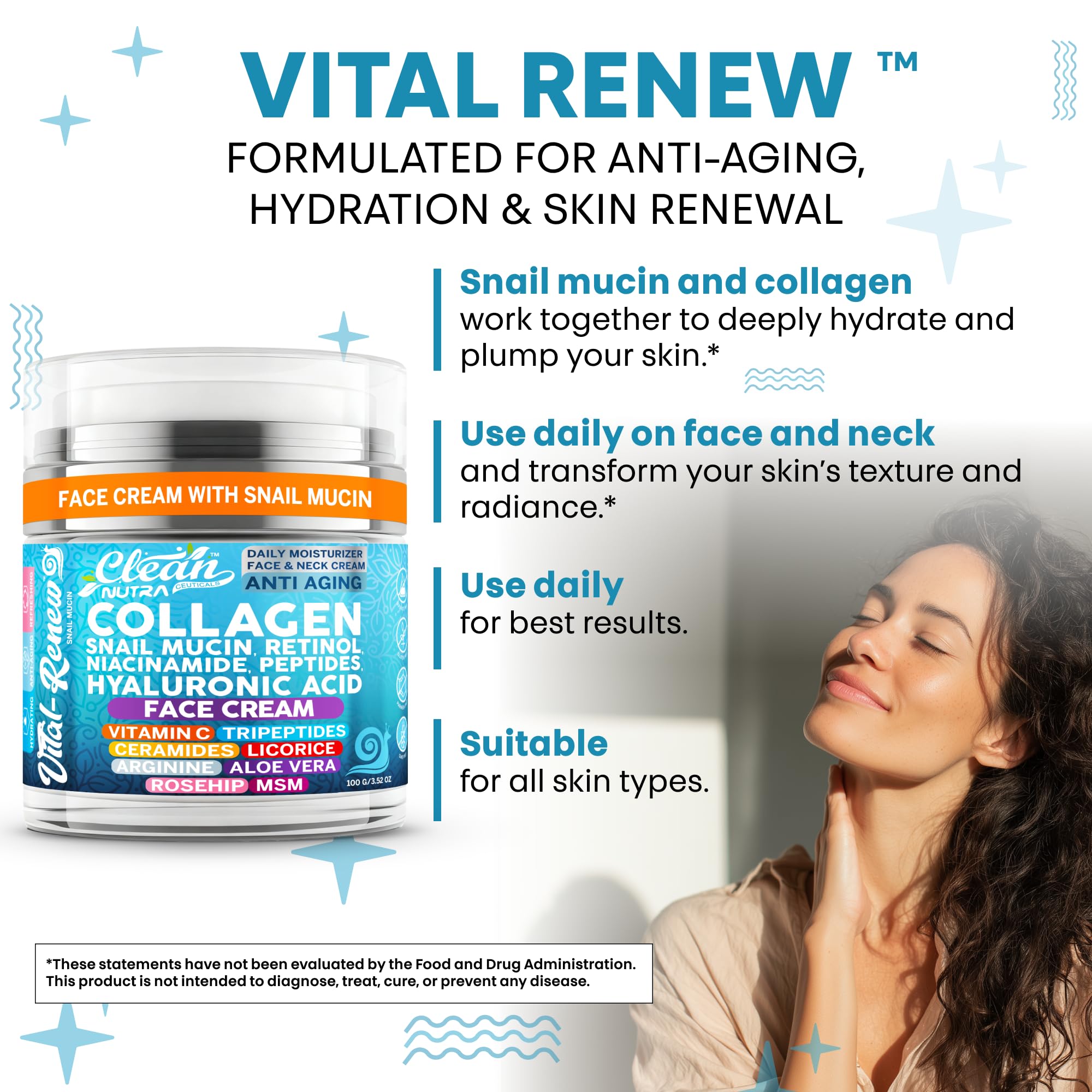 Vital Renew with vitamin C and hyaluronic acid on skin for glow