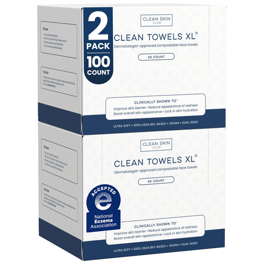Clean Skin Club Clean Towels XL box showing 100 dry towels.
