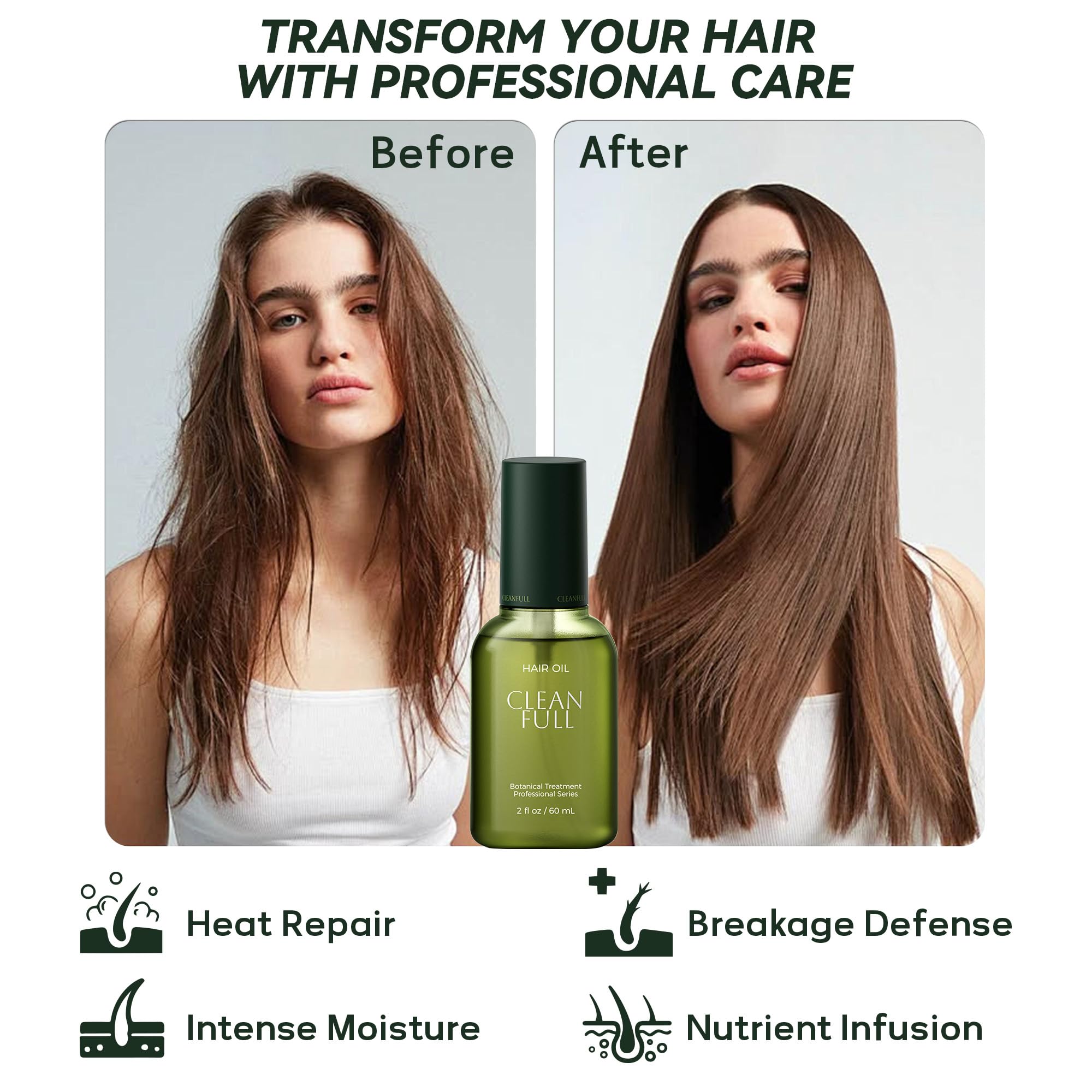 CleanFULL hair shine-frizz image highlights heat protection up to 230C.