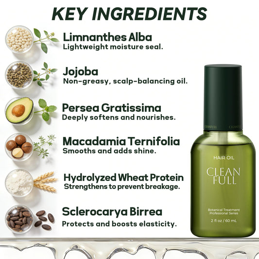 CleanFULL ingredient blend close-up highlights macadamia and meadowfoam oils for nourishing care.