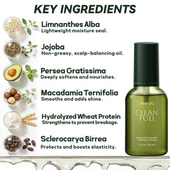 CleanFULL ingredient blend close-up highlights macadamia and meadowfoam oils for nourishing care.