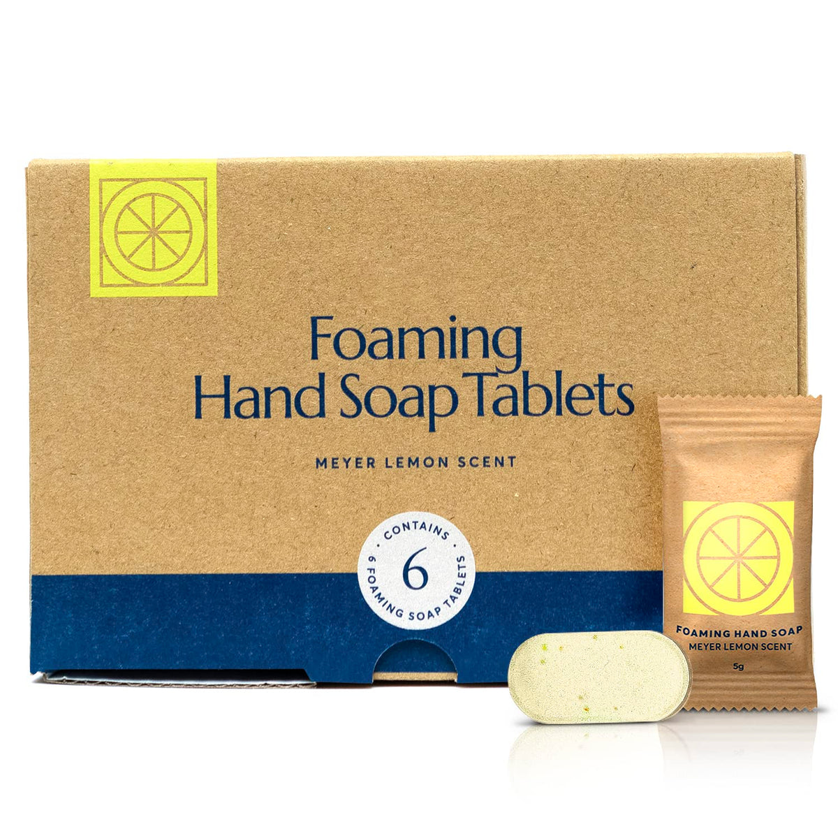 Cleanomic Meyer Lemon foaming soap tablet pack shot highlighting eco refill
