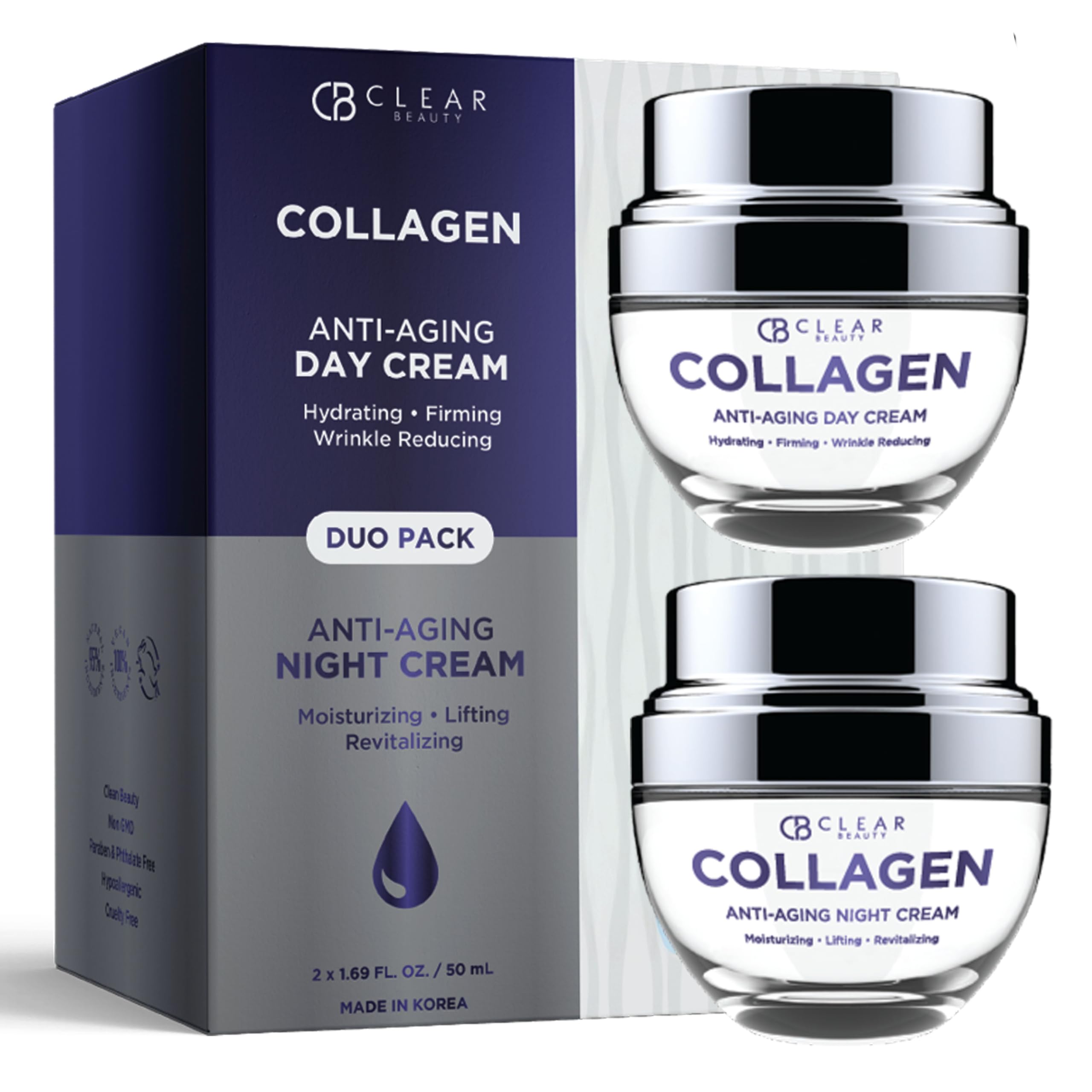 Clear Beauty collagen day & night moisturizer duo pack, front view, for daily hydration.