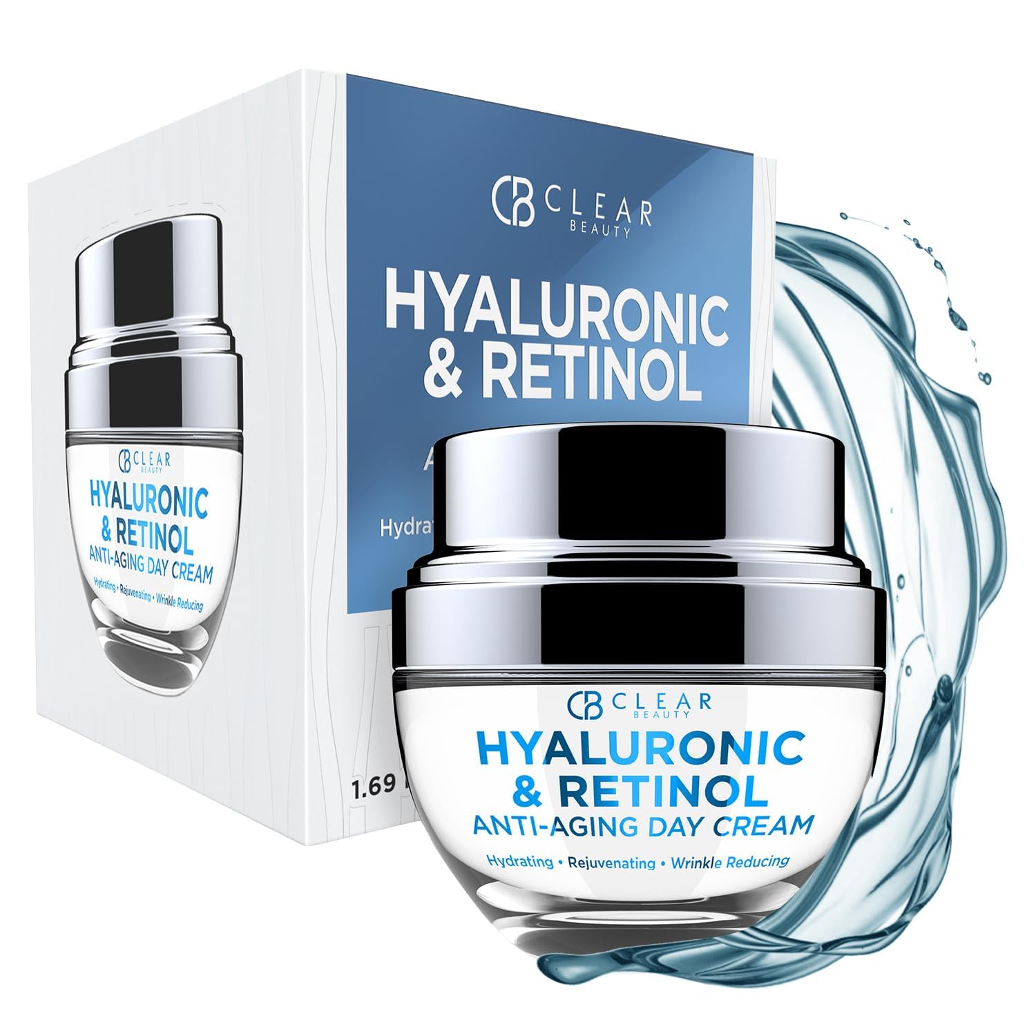 Clear Beauty Hyaluronic and Retinol moisturizer jar with glossy hydration for radiant skin.