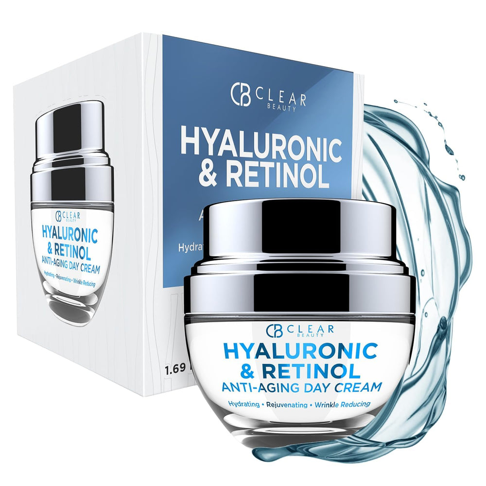 Clear Beauty Hyaluronic and Retinol moisturizer jar with glossy hydration for radiant skin.