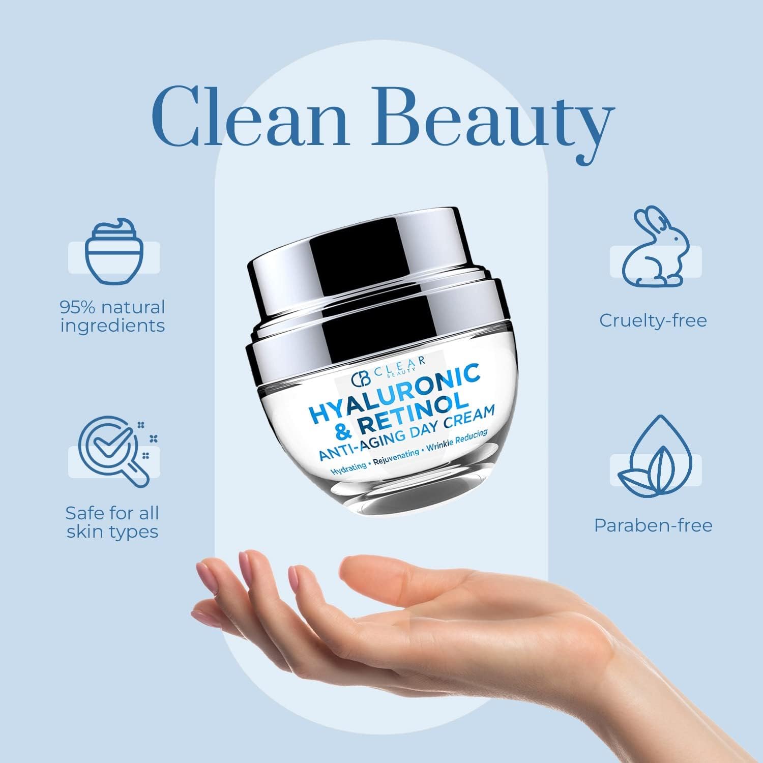 Korean-made vegan Clear Beauty packaging highlights clean cruelty-free skincare.