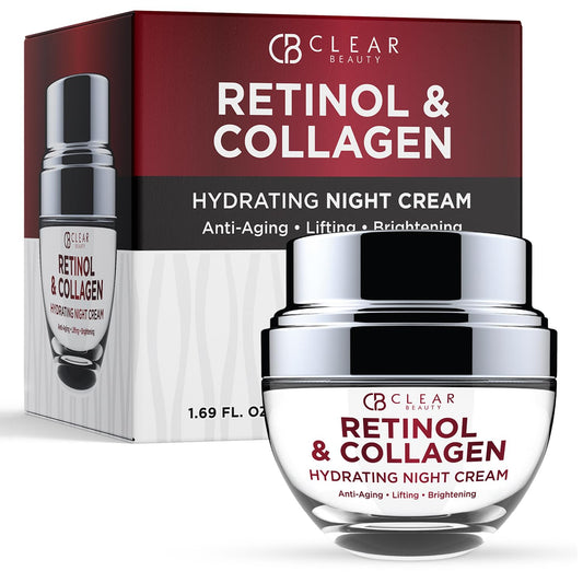 Clear Beauty night cream bottle close-up showing premium packaging for nightly care hydration.
