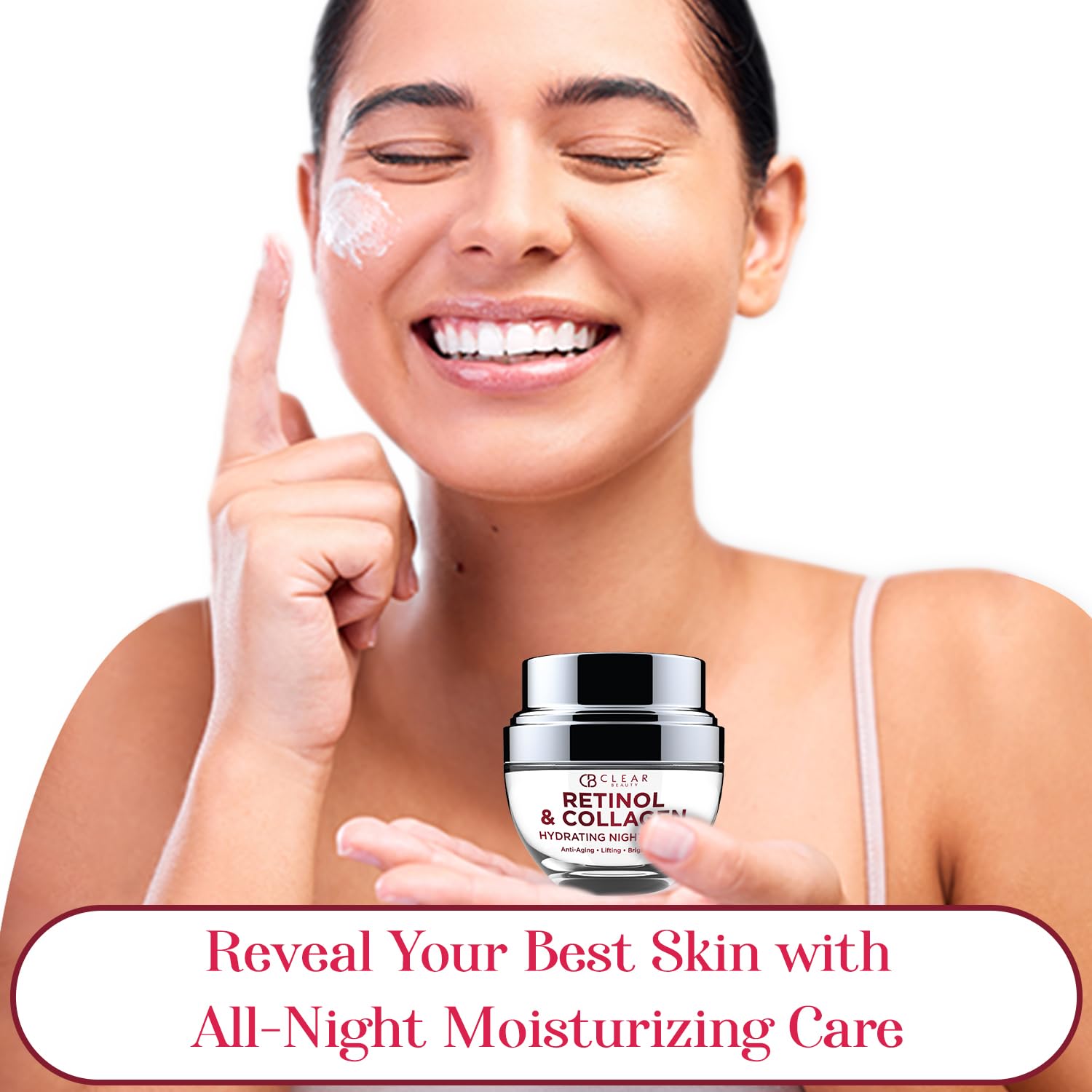 Clear Beauty night routine application demonstrates even coverage and overnight hydration.