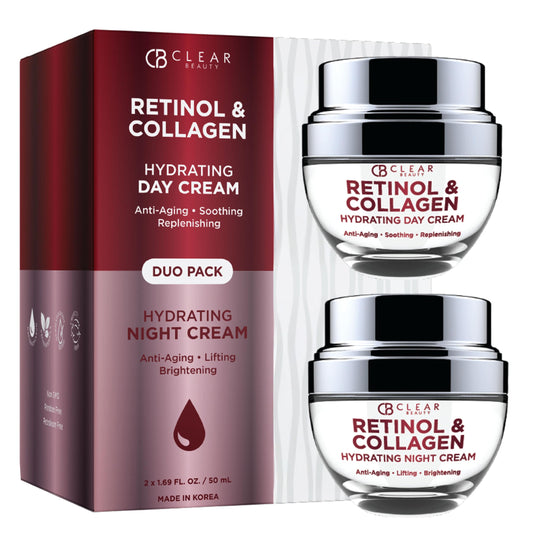 Clear Beauty retinol-collagen day cream bottle for daytime hydration and texture smoothing.