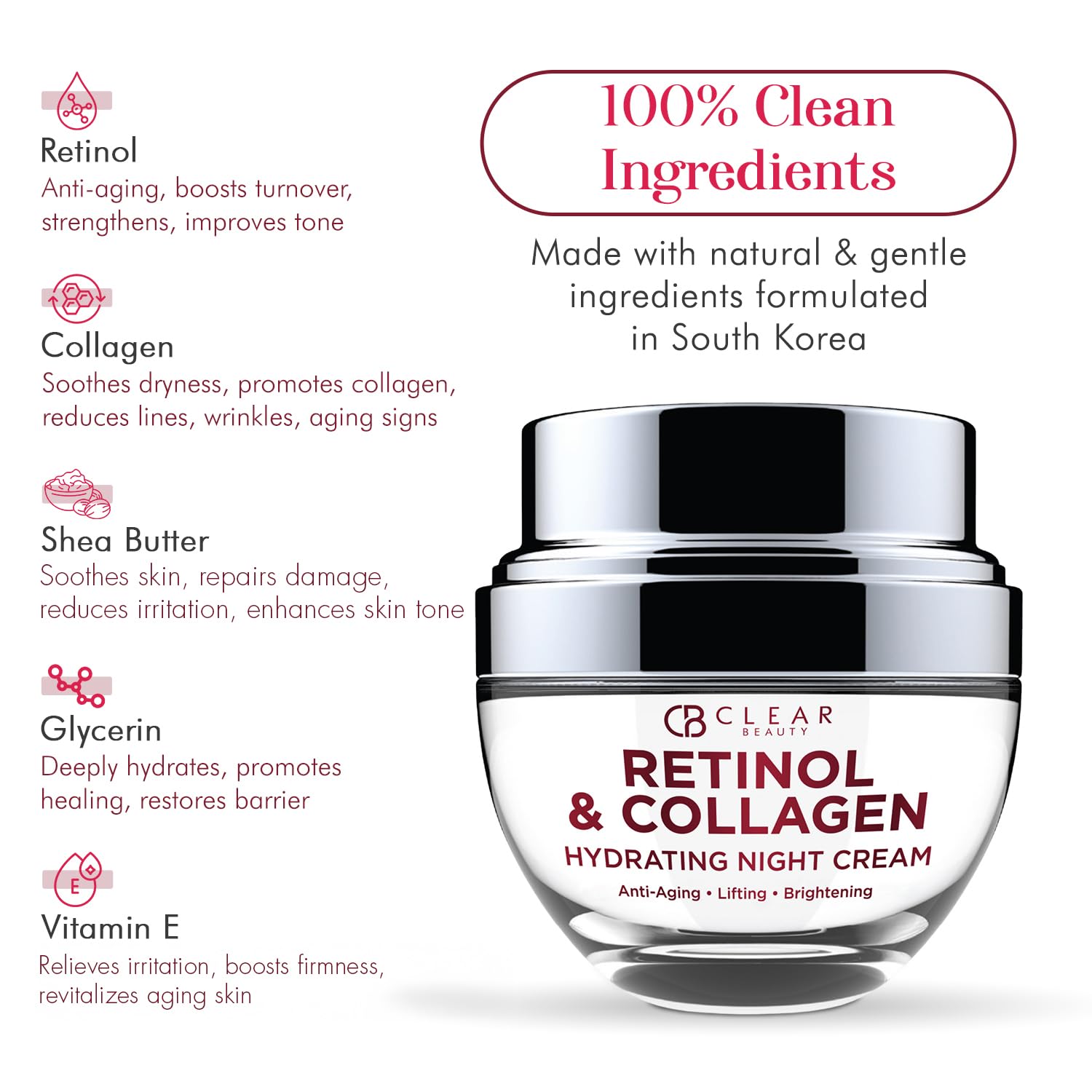 Clear Beauty vegan ingredients graphic highlights clean, plant-based formula for sensitive skin.