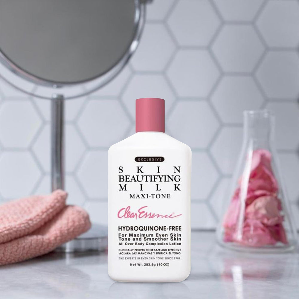 Product on bathroom shelf signals an easy routine for dry skin care.