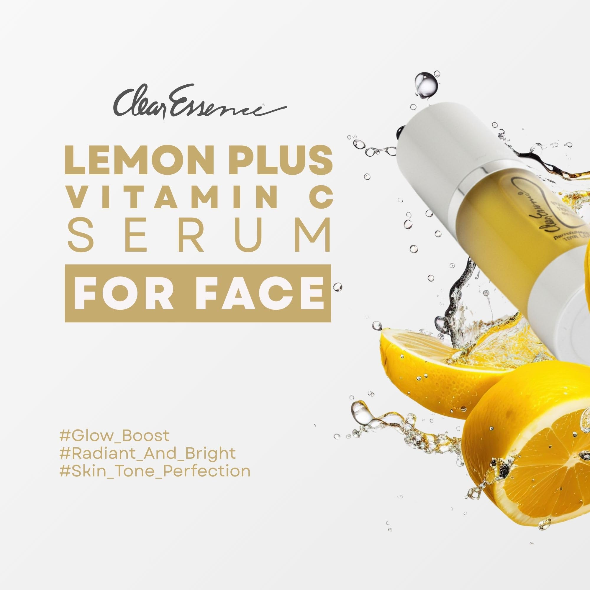 Clear Essence Lemon Plus Serum label closeup highlights vitamin C powered brightness