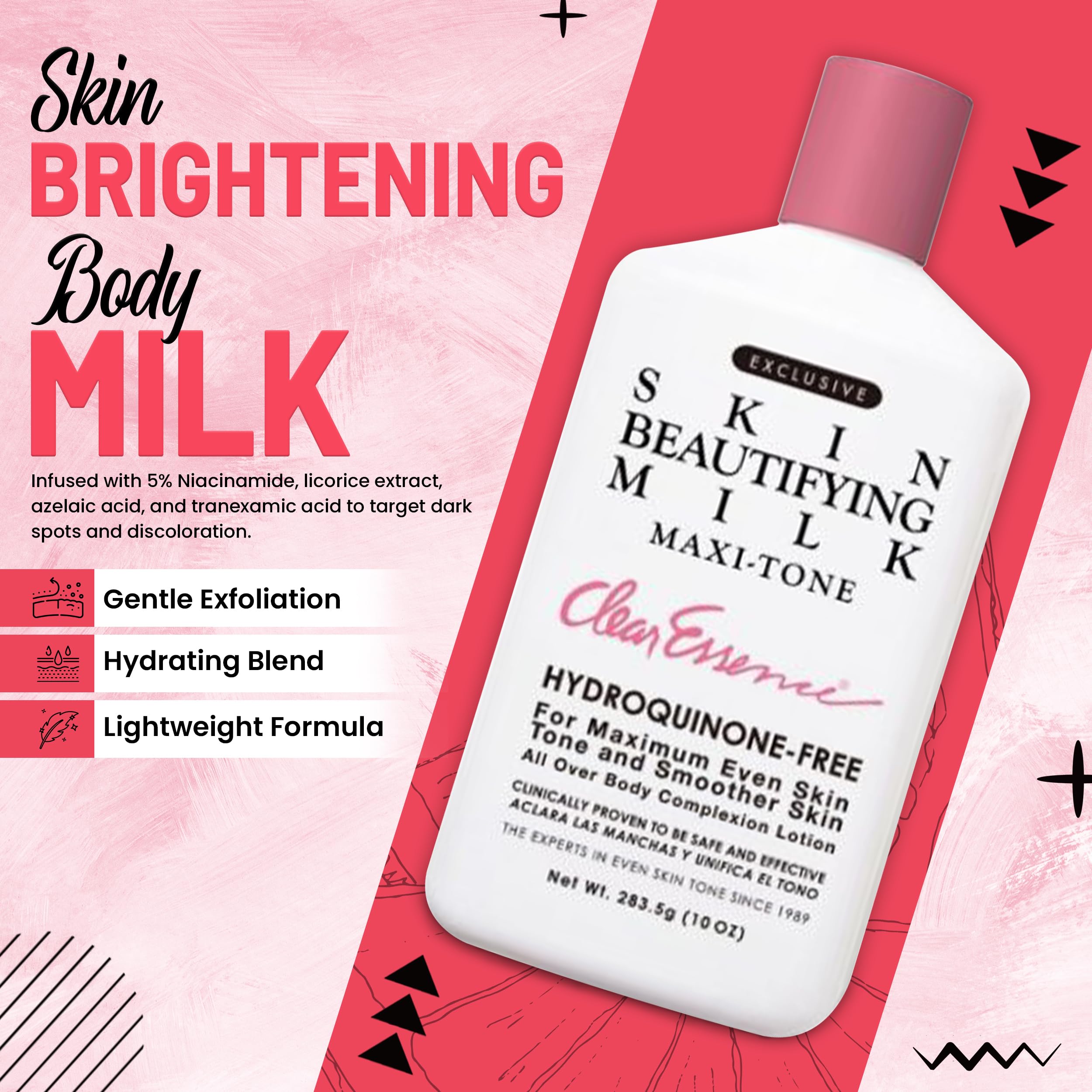Clear Essence Maxi-Tone label highlights hydroquinone-free formula for sensitive skin.