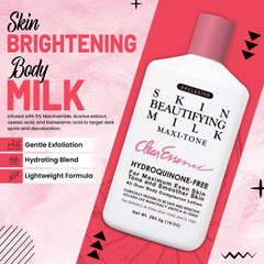 Clear Essence Maxi-Tone label highlights hydroquinone-free formula for sensitive skin.