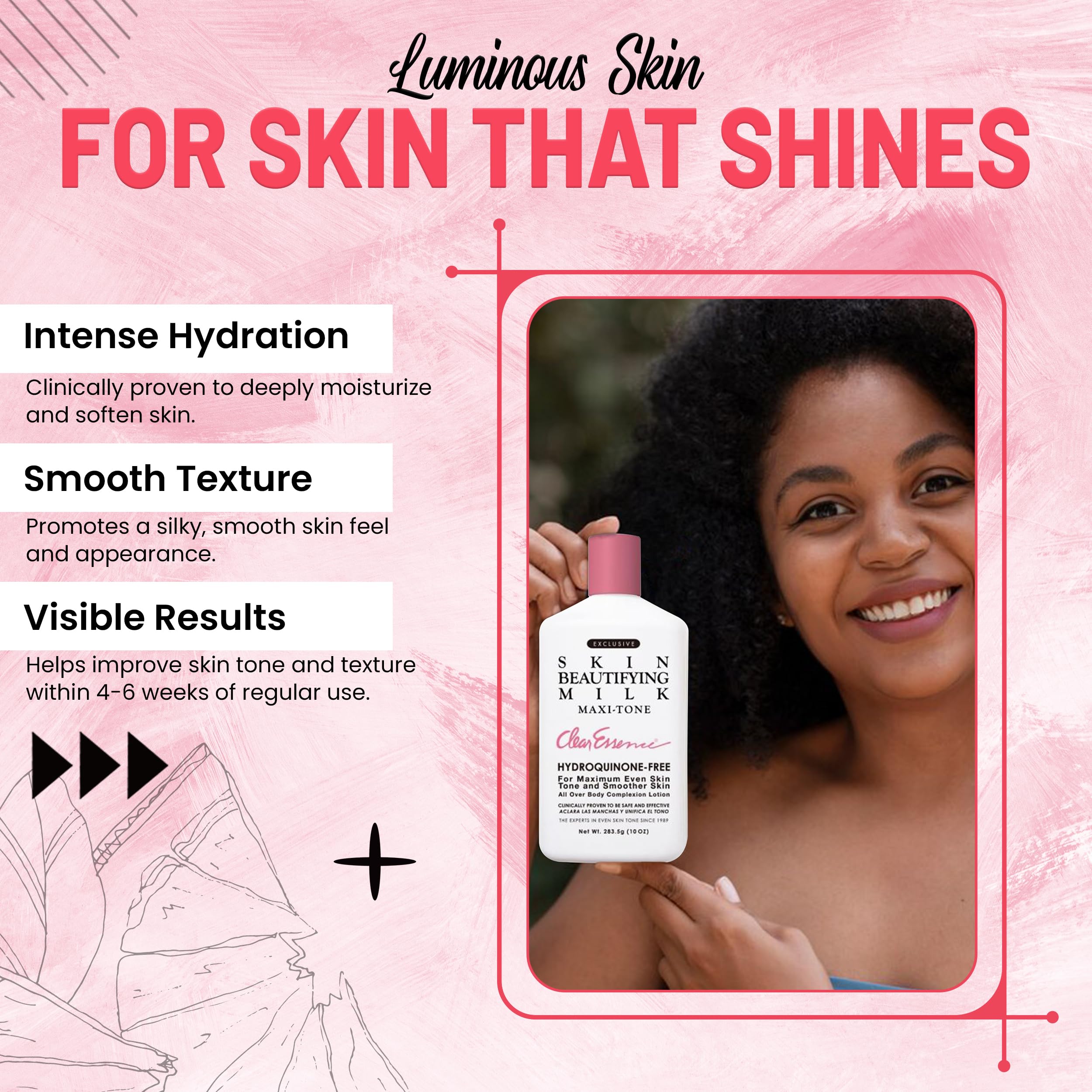 Packaging box featuring Clear Essence Maxi-Tone Lotion emphasizes hydration benefits.